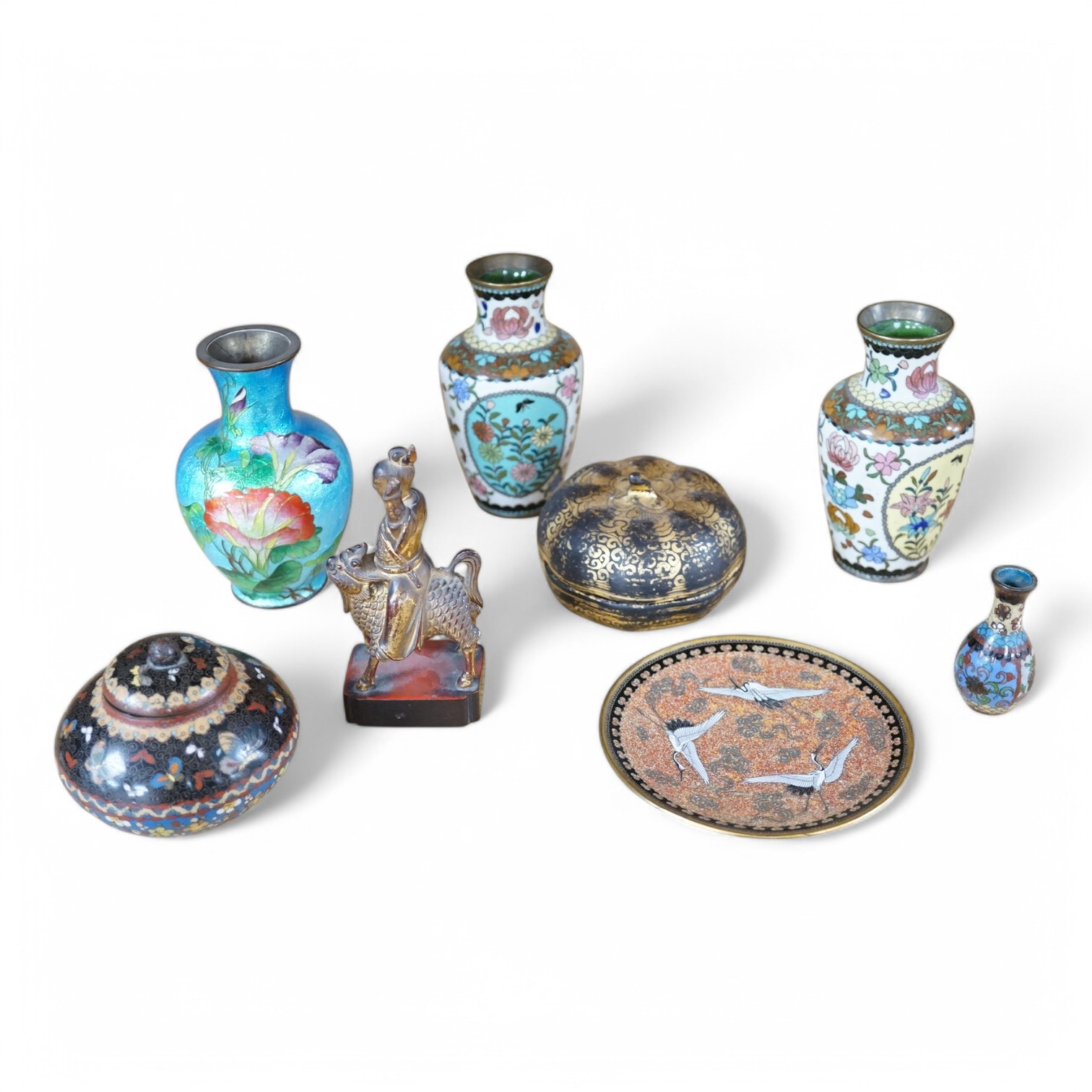 A collection of Japanese cloisonne vases to include a small ‘crane’ dish, together with a lacquered box, largest 12.5cm high. Condition - mostly fair/good